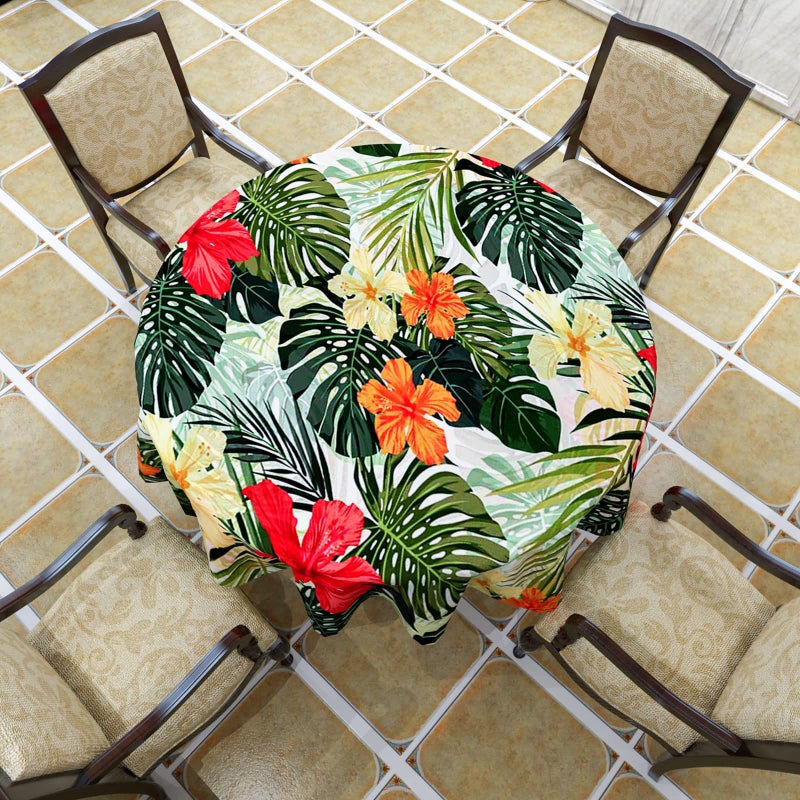 VVA Tropical Round Tablecloth, Hawaiian Palm Tree Hibiscus Flowers Plants Tablecloths, Aloha/Luau Theme Party, Wipeable Waterproof Table Cloth for Family Dinners Patio Outdoor/Outside Events 50x50 Inch - Image 2